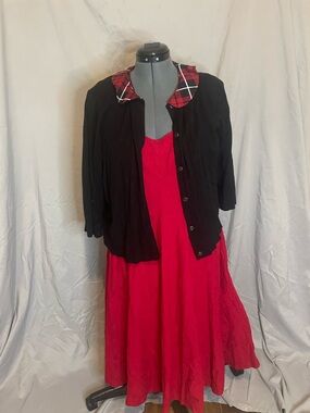 Red Midi Dress with Black Cardigan and Plaid Collar